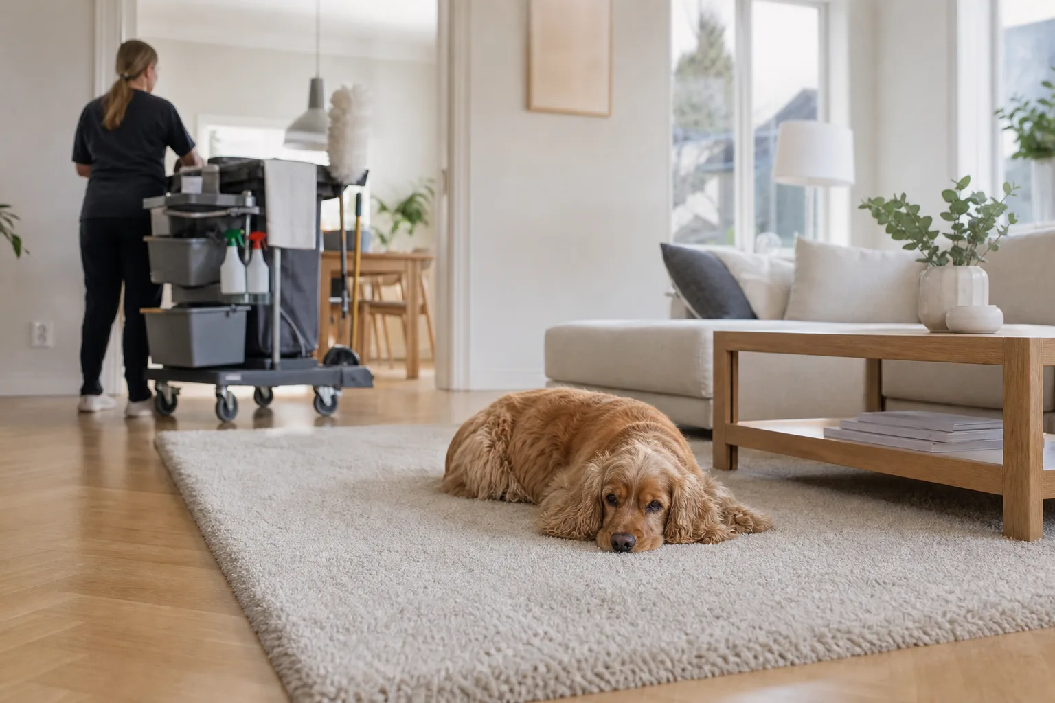 En hund vilar på en ren matta i ett ljust vardagsrum med en städvagn synlig i bakgrunden