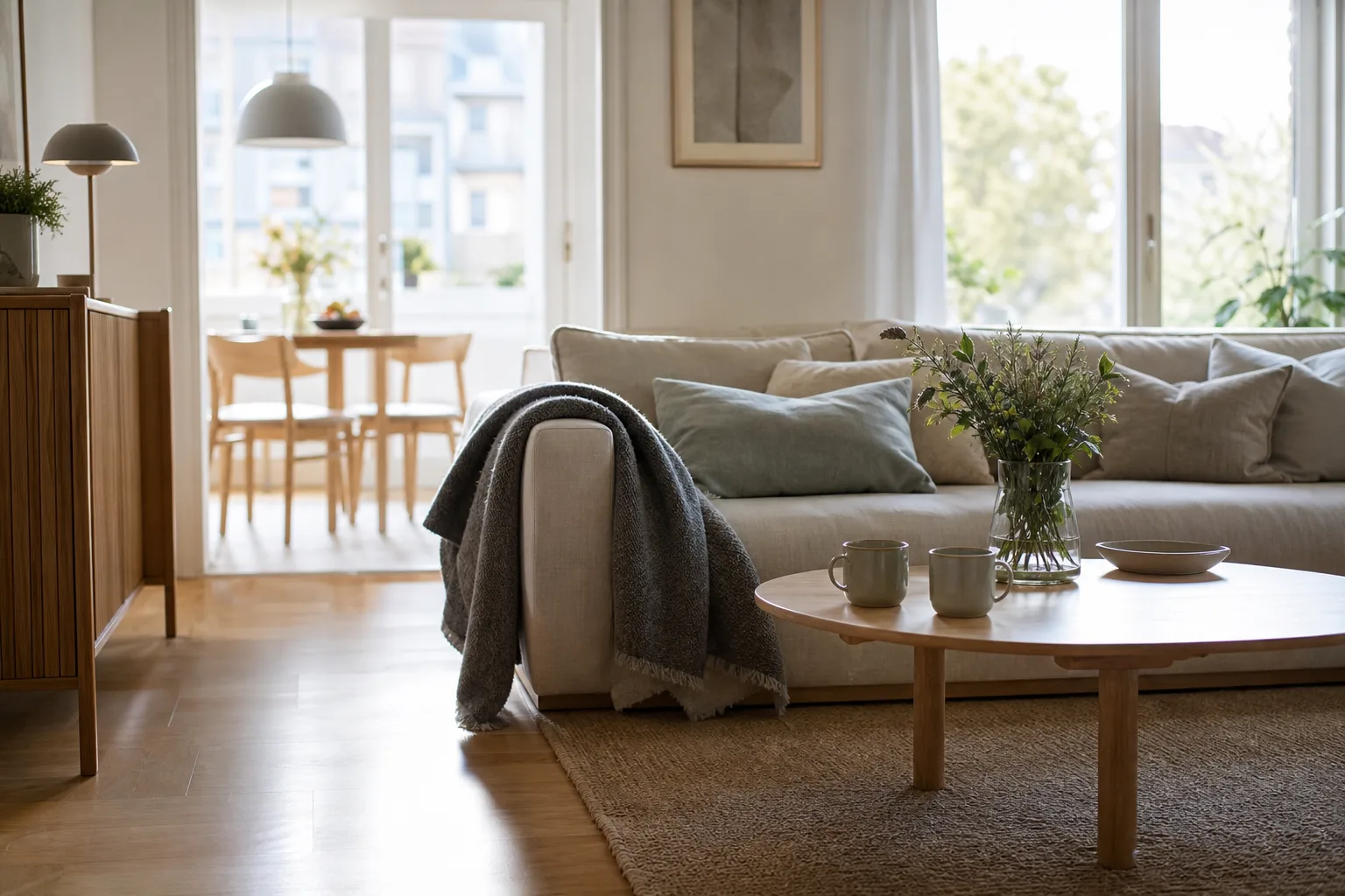 Ett svenskt vardagsrum nystädat en lördagförmiddag med två kaffekoppar på soffbordet och en filt vikt över soffkanten
