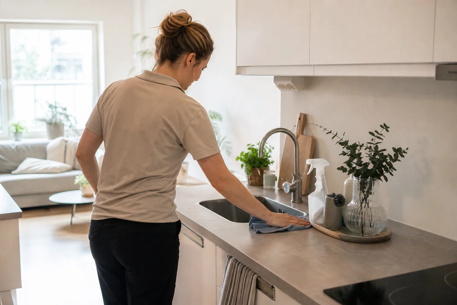 Städare torkar av köksbänken i en ljus, kompakt svensk lägenhet med öppen planlösning