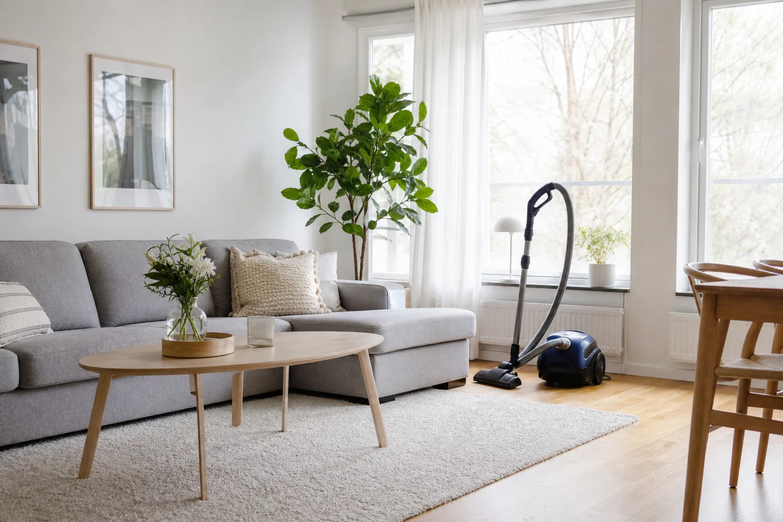 Nystädat vardagsrum med dammsugare parkerad vid soffan i ett ljust svenskt hem