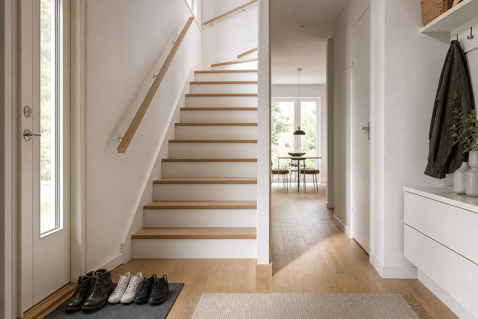 Ljus hall i en svensk villa med trappa upp till övervåningen, nyss städad och skorna uppradade vid dörren