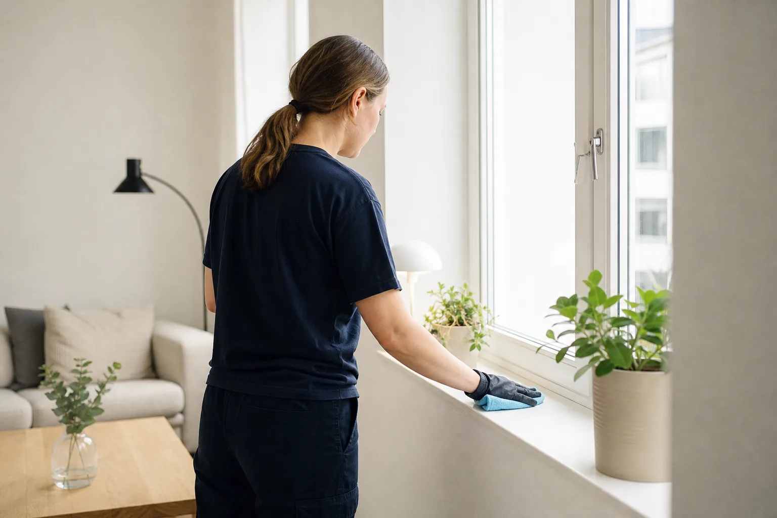 Städare dammtorkar en fönsterbräda i ett vardagsrum under en hemstädning