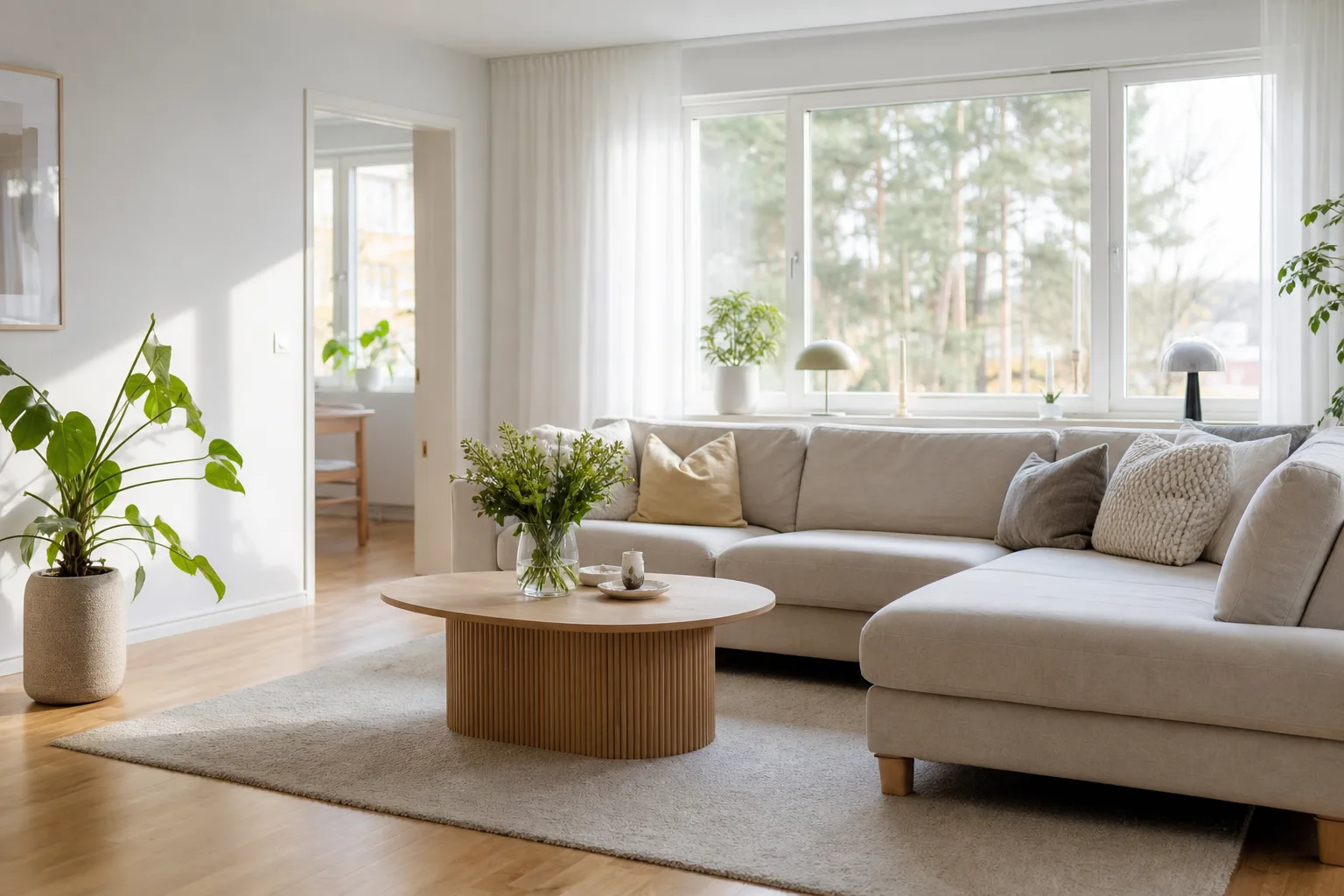Ljust vardagsrum med nystädade golv och en soffa i solljus