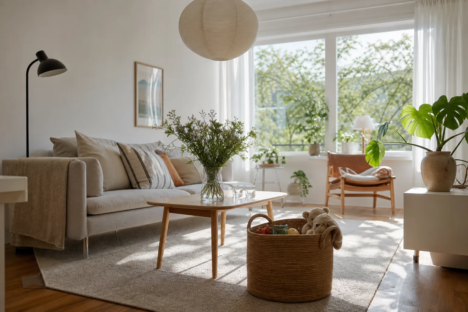 Ett nystädat vardagsrum med solljus genom fönstret och leksaker sorterade i en korg