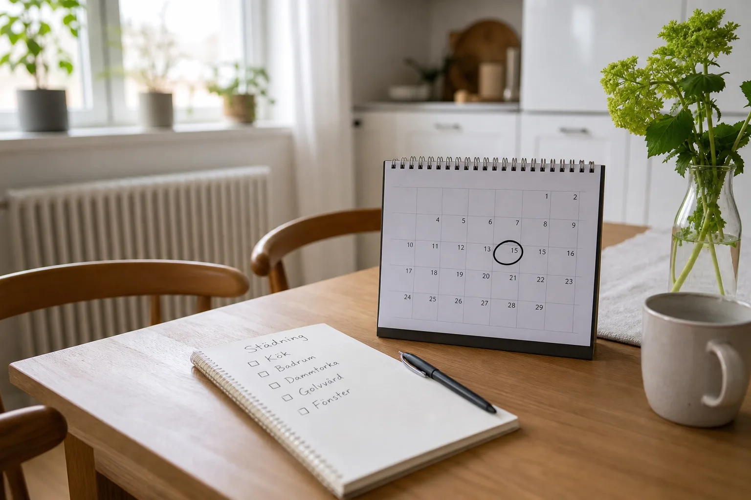 Kalender med ett inringat datum bredvid en checklista på ett köksbord