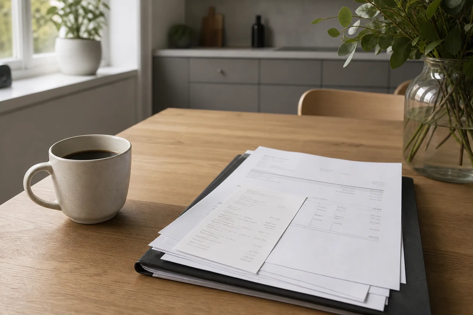 Kvitto och en fakturaportfölj ligger på ett köksbord bredvid en kopp kaffe i ett svenskt hem