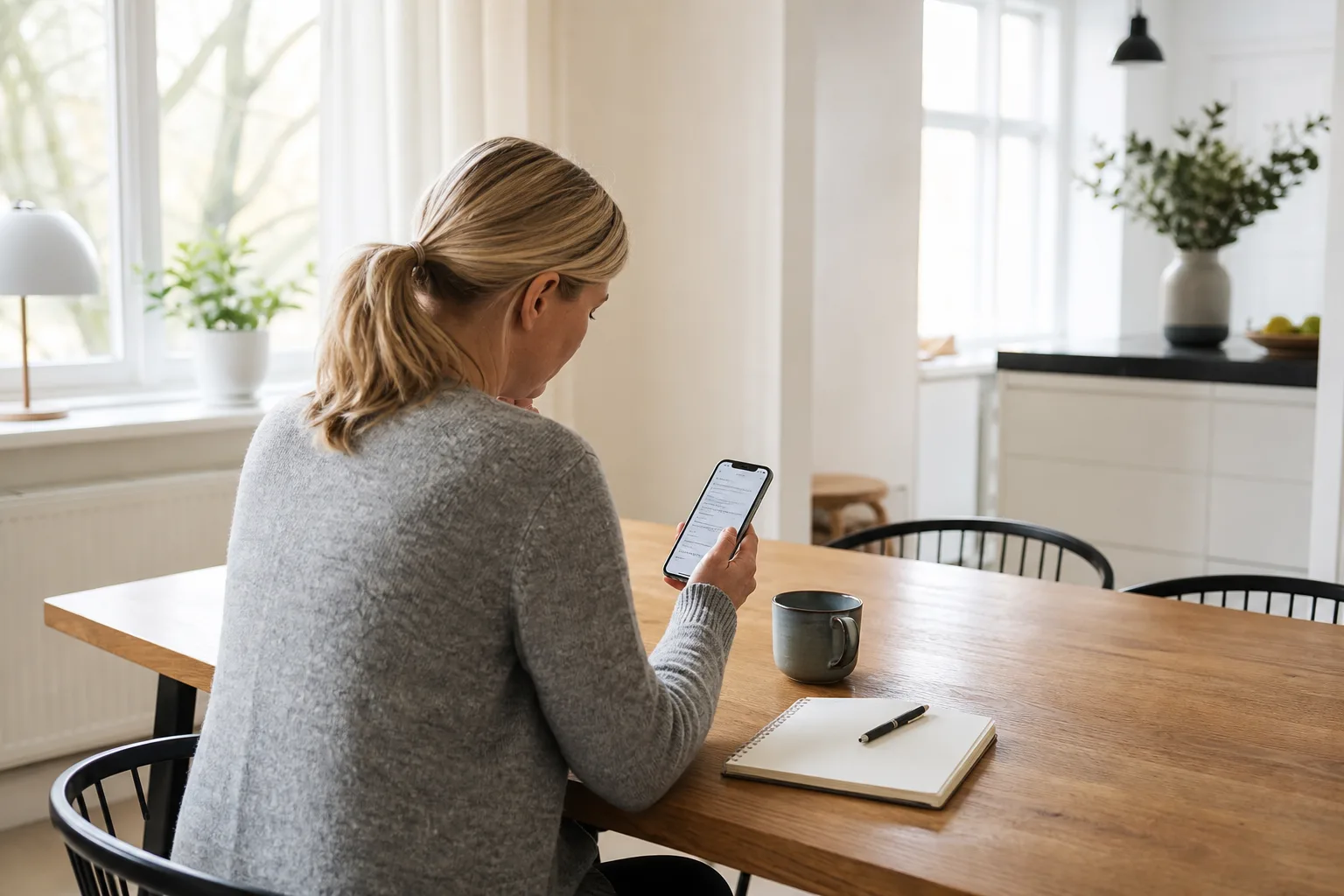 En person går igenom frågor om hemstädning i mobilen vid köksbordet med en kopp kaffe