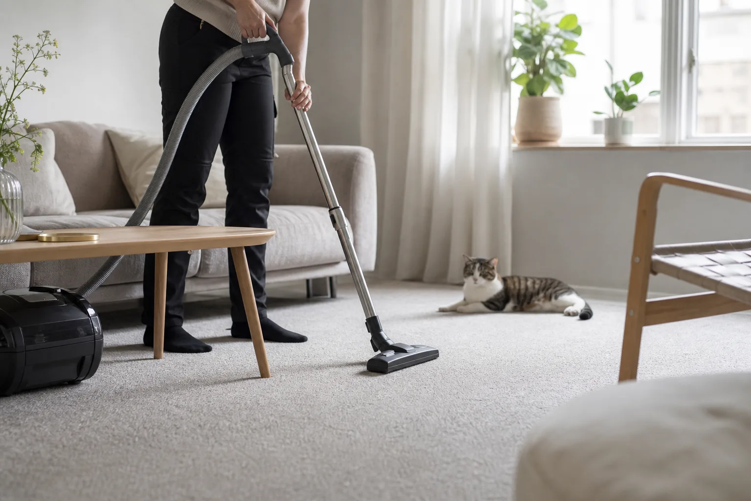 En städare dammsuger ett mattgolv i ett ljust vardagsrum med en katt som vilar i bakgrunden