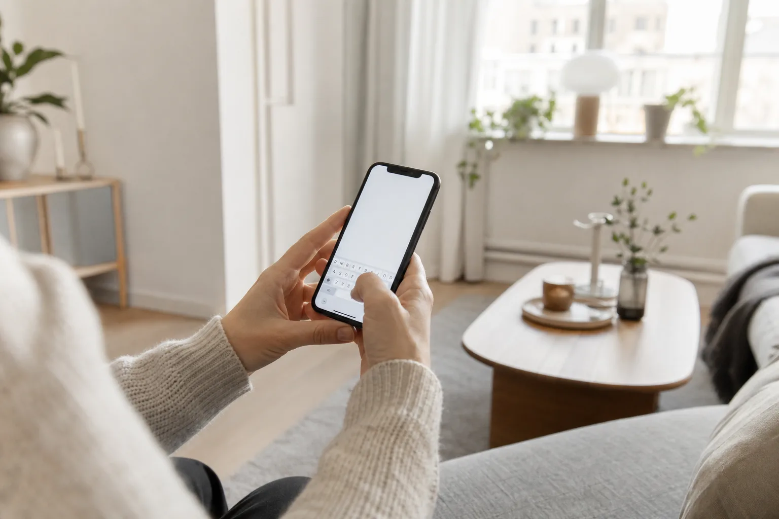 En hand håller en mobiltelefon och skriver ett meddelande i ett ljust svenskt vardagsrum