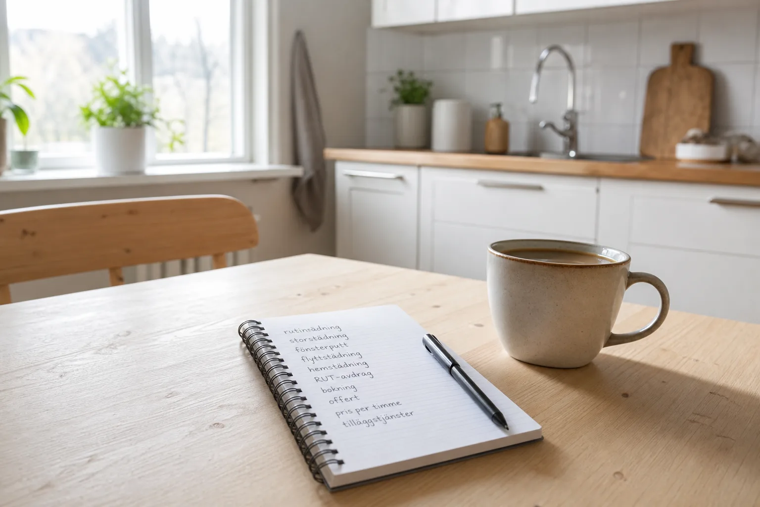 Ett anteckningsblock med städtermer bredvid en kaffekopp på ett köksbord