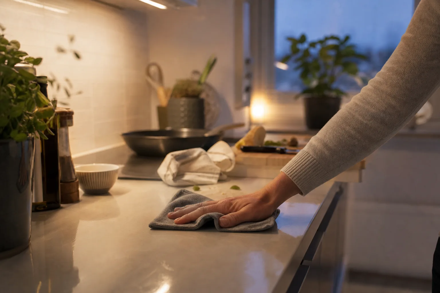En hand torkar av en ljus köksbänk i ett svenskt kök efter matlagning