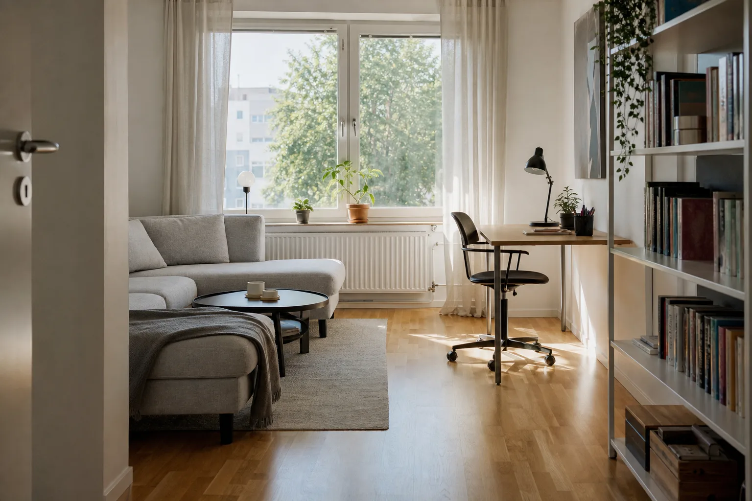Ett städat vardagsrum i en lägenhet i Linköping med solljus genom fönstret och nydammsuget golv