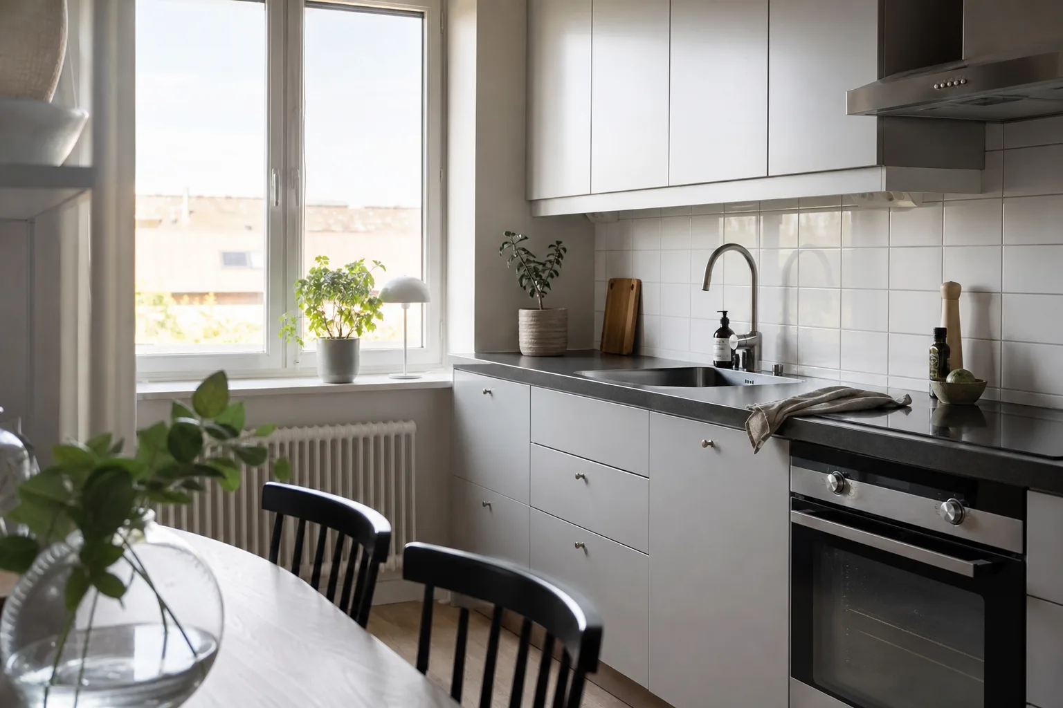 Nystädat kök i en bostad i Malmö med rena bänkskivor och ordning på ytorna