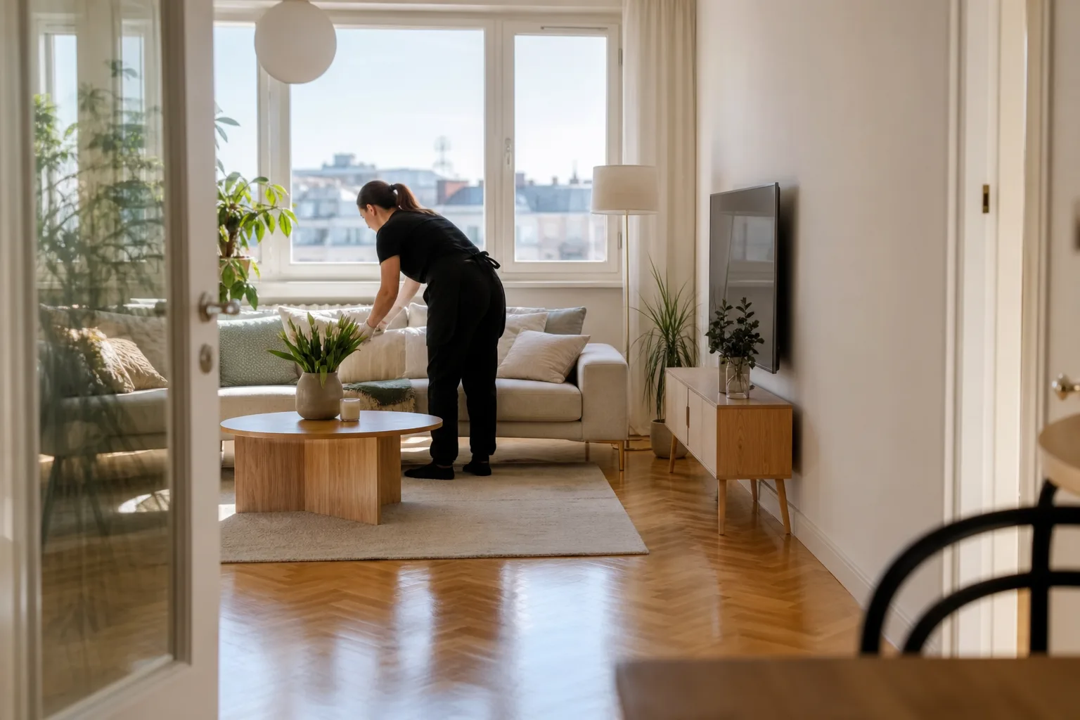 Ett städat vardagsrum i en Stockholmslägenhet med morgonljus genom fönstret och en nyputsad parkettgolvyta