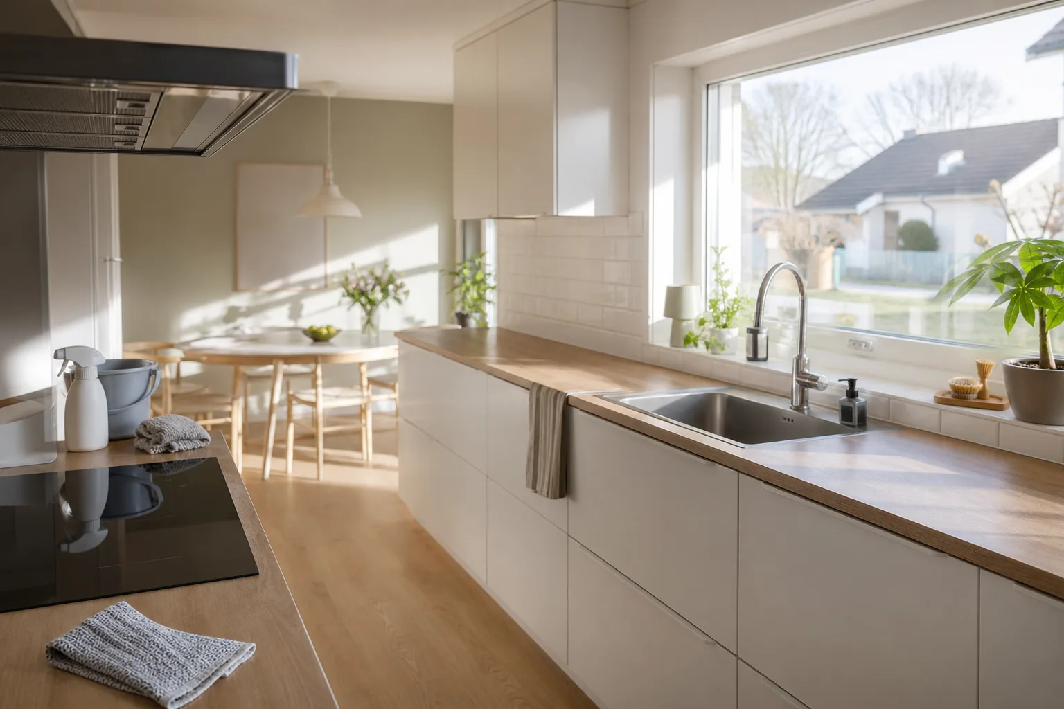 Ett nystädat kök i ett radhus i Västerås med rena bänkskivor och morgonljus genom fönstret