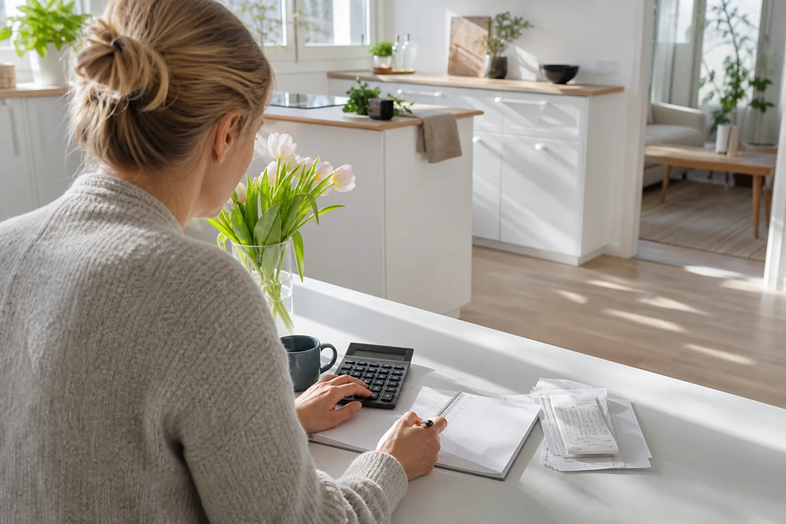Person räknar på hushållsbudget vid köksbordet i ett nystädat svenskt hem