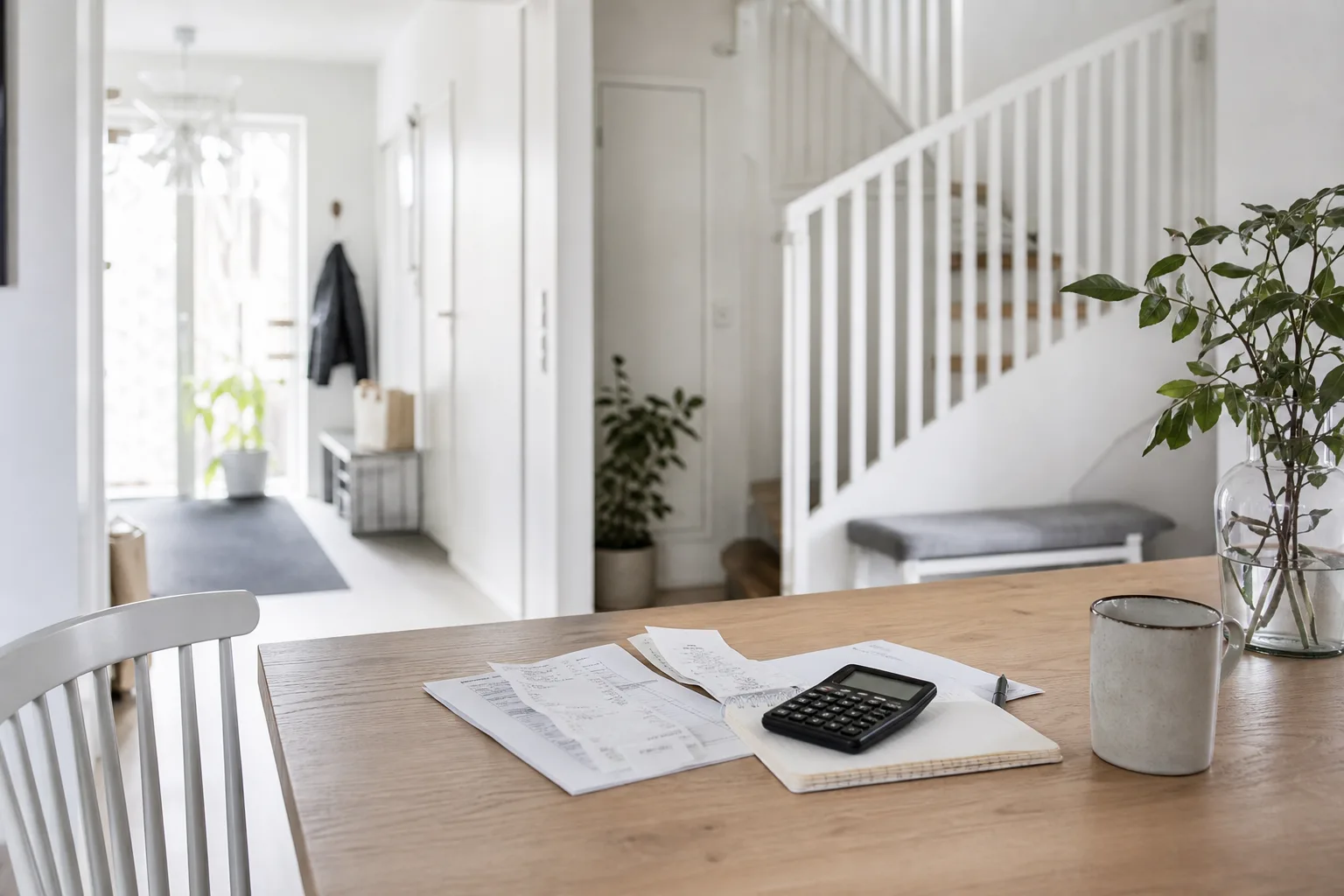 Miniräknare och kvitto på ett köksbord i en ljus, nystädad svensk villa med hall och trappa i bakgrunden