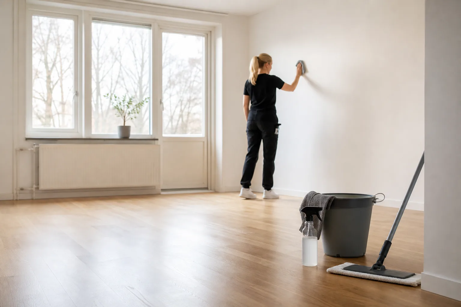 Städare gör en sista genomgång av ett tomt vardagsrum inför överlämning av bostaden