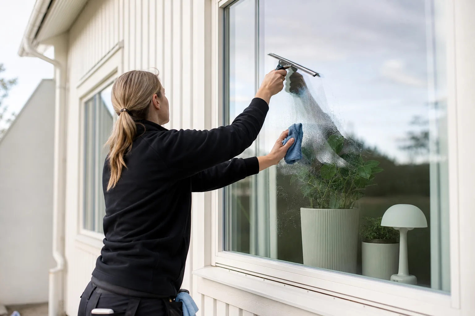 Städare putsar ett fönster utifrån med skrapa och trasa i ett svenskt bostadshus
