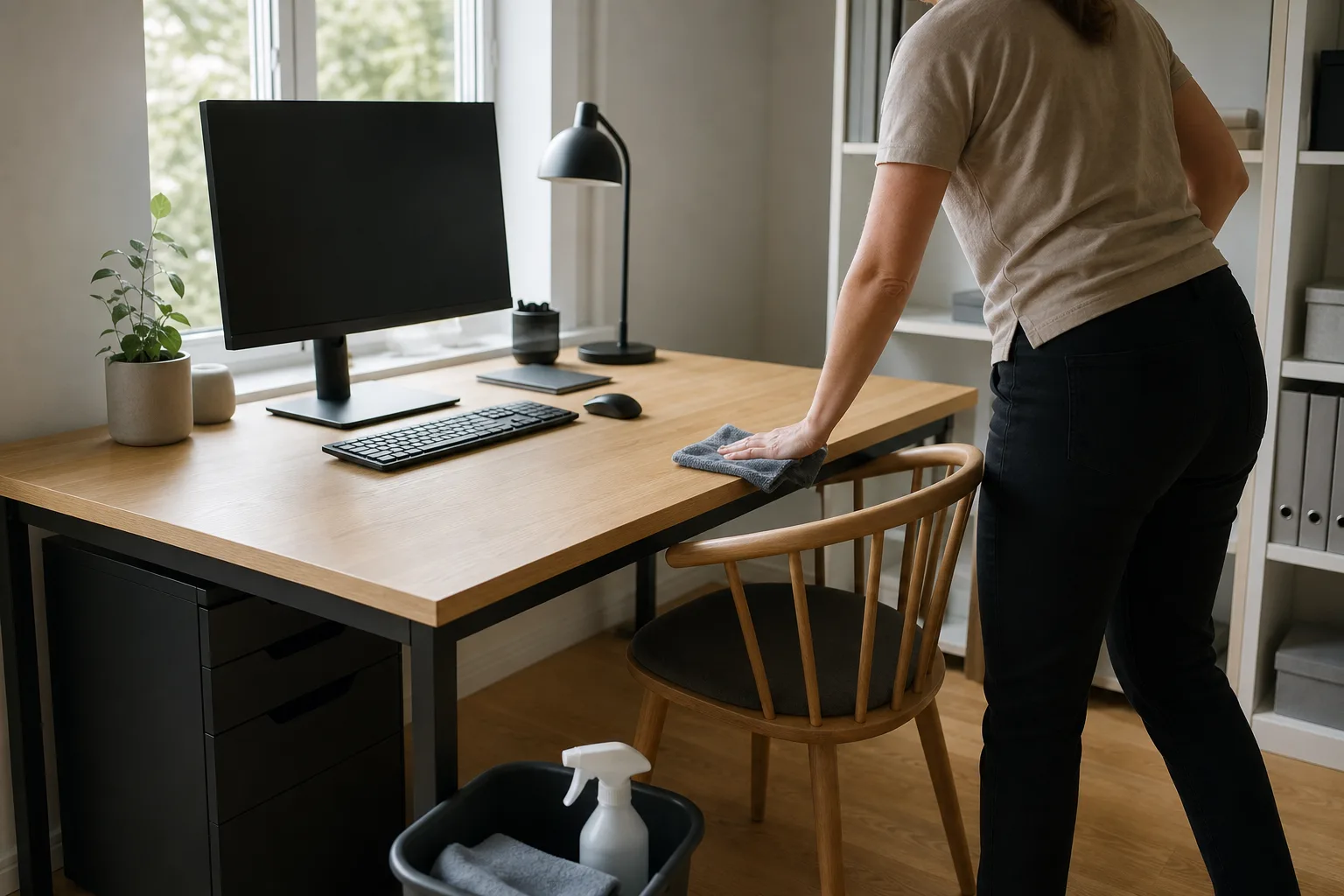 Ett nystädat hemmakontor med skrivbord, dator och undanplockade papper i en svensk bostad