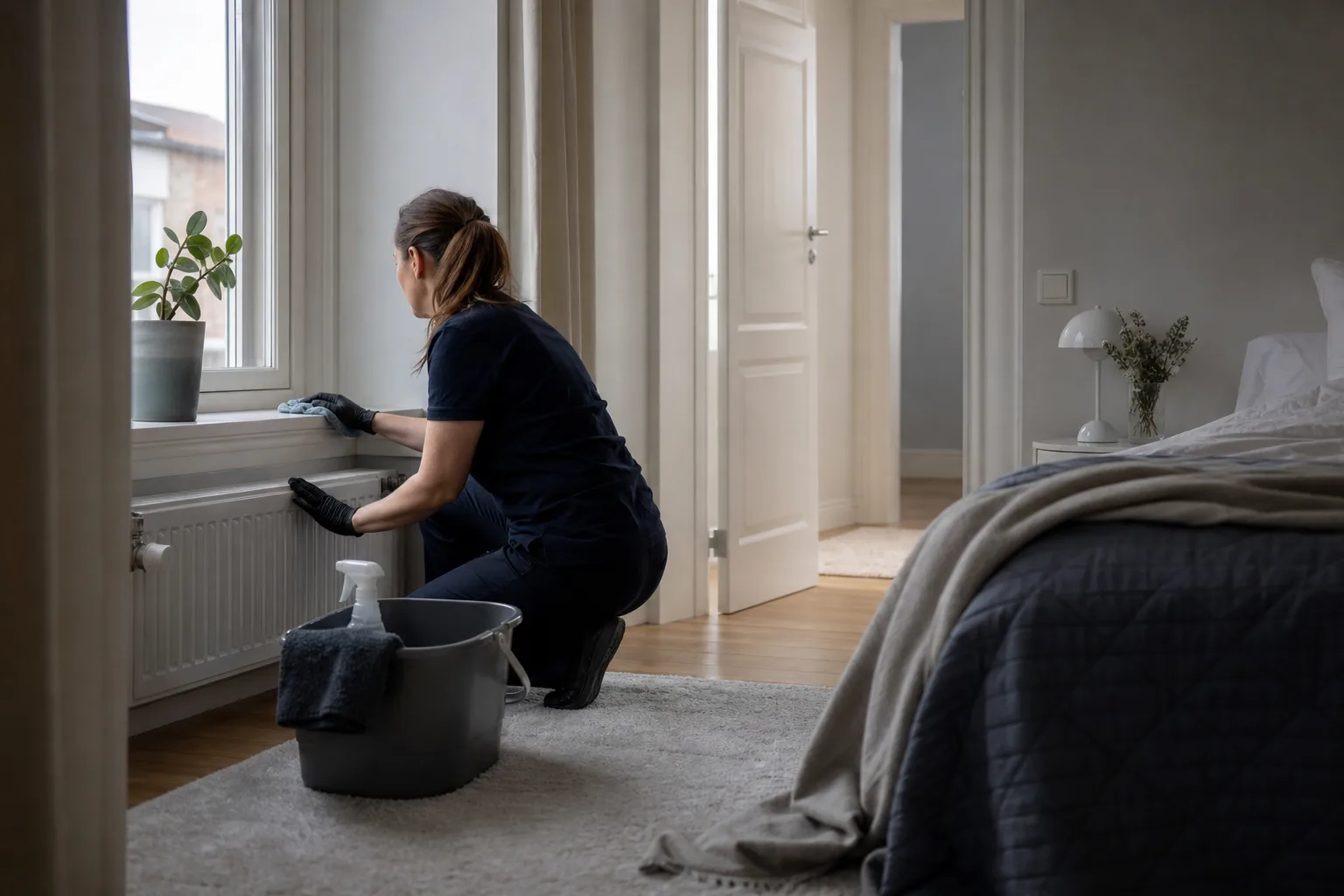 Städare torkar av snickerier och en fönsterbräda i ett svenskt sovrum under en storstädning