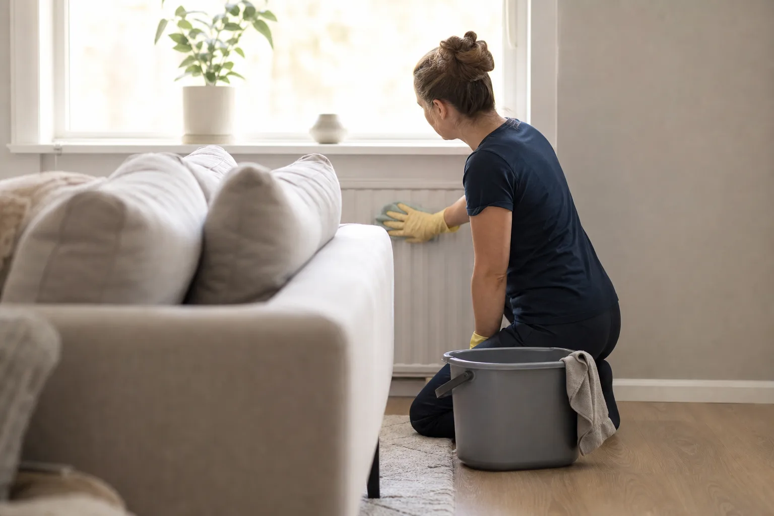 Städare torkar av ett element bakom en soffa i ett ljust svenskt vardagsrum under en storstädning