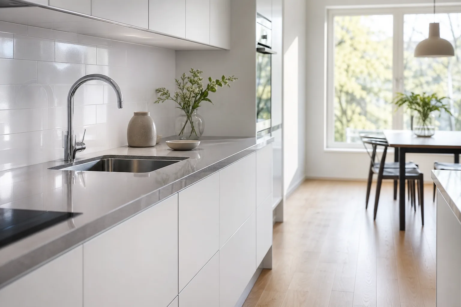 Ett nystädat kök inför bostadsvisning med blanka bänkskivor och rena golv i en svensk lägenhet