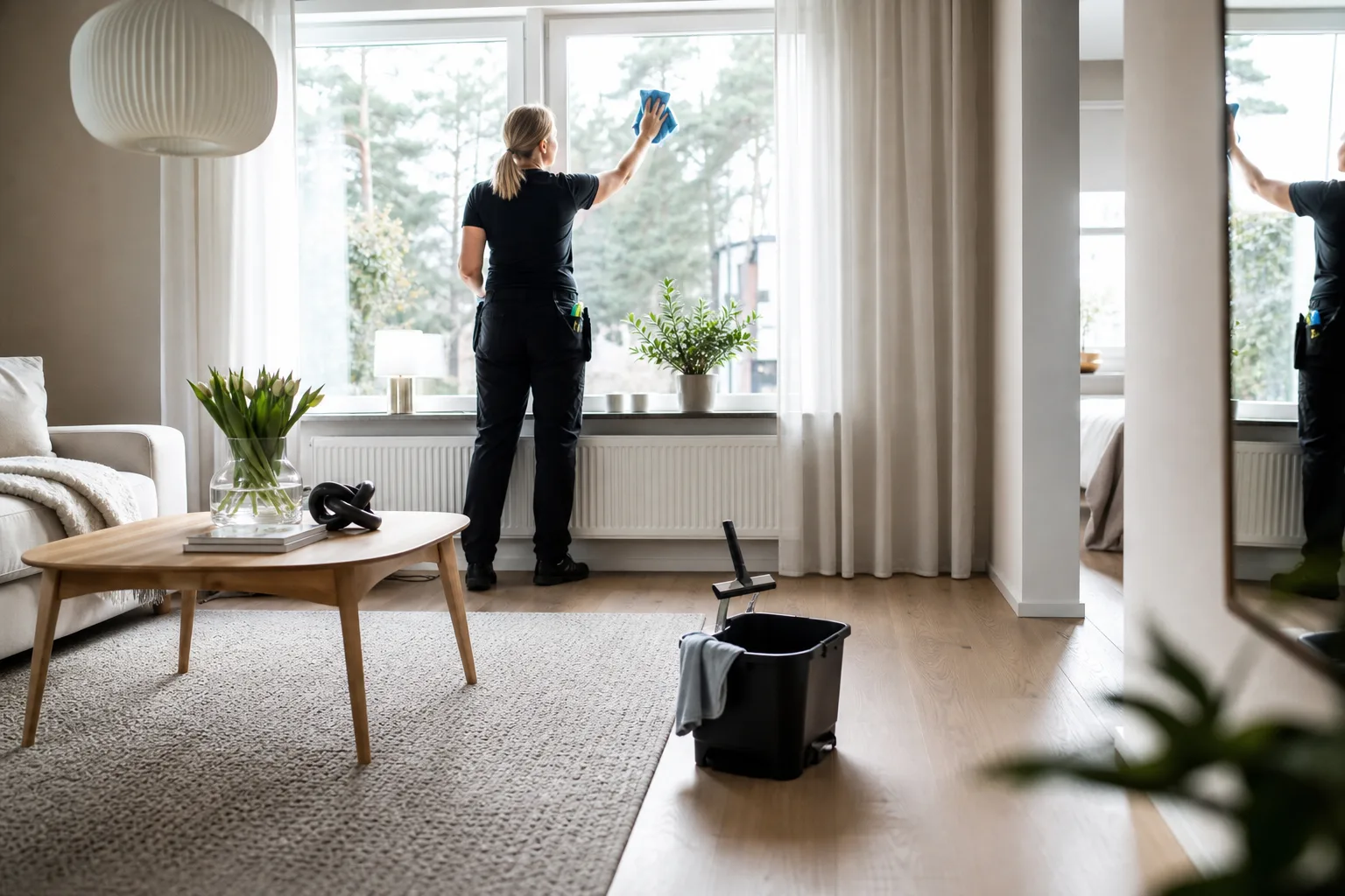 Städare putsar ett fönster i ett ljust svenskt vardagsrum inför en bostadsvisning