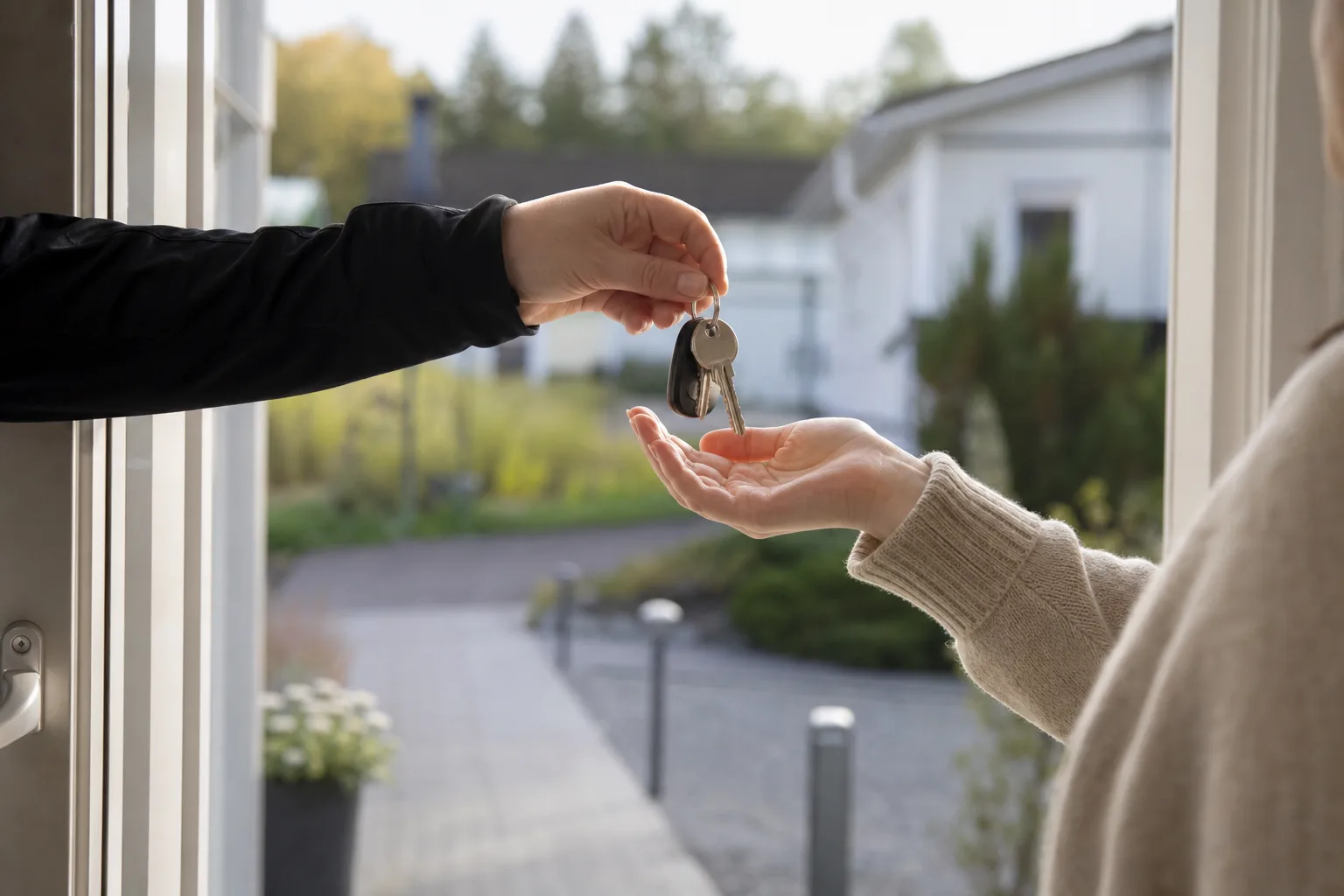 En hand lämnar över en nyckelknippa vid en ytterdörr efter avslutad hemstädning