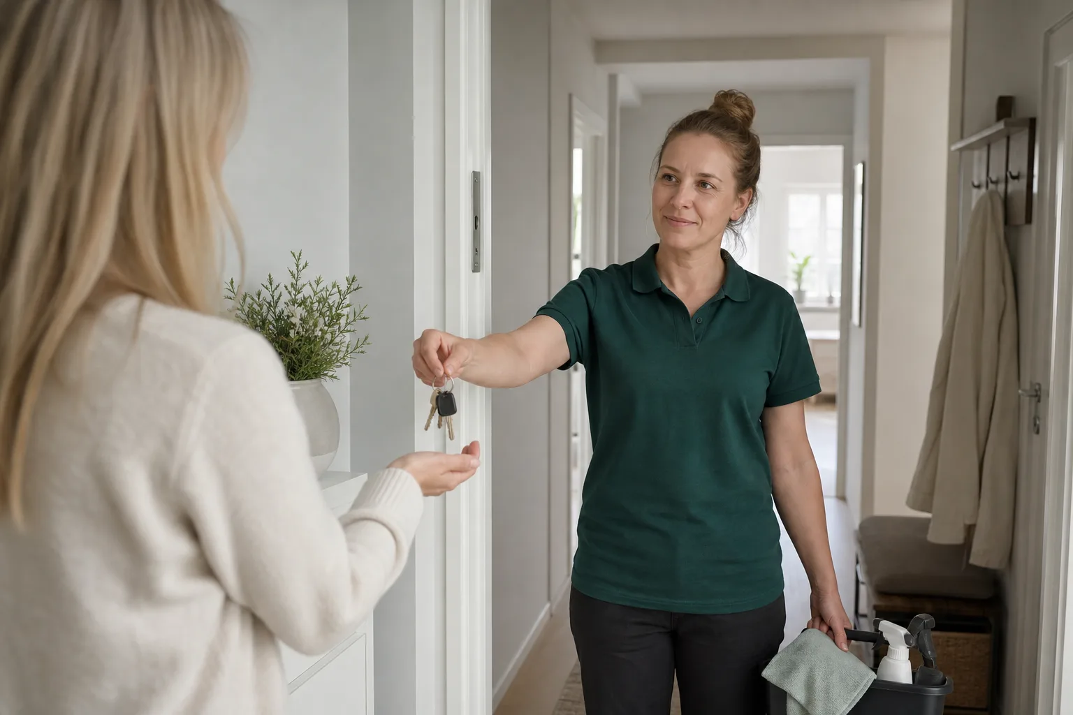 En städare lämnar tillbaka en nyckel till en kund i en lägenhetshall