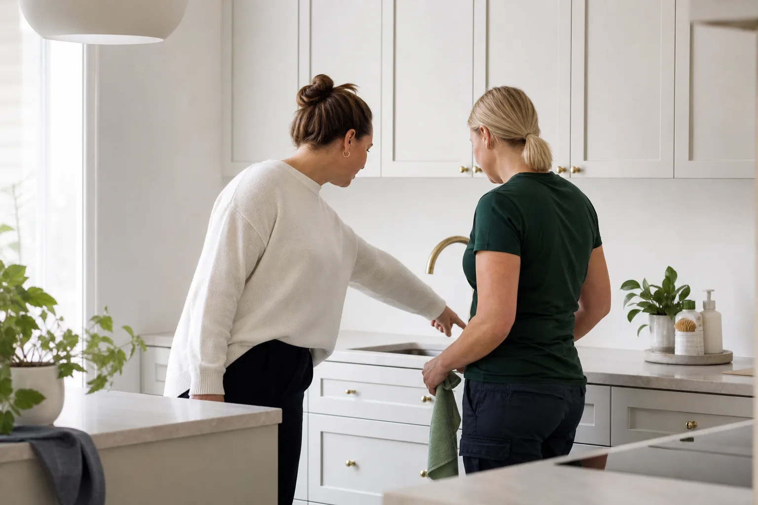 En kund pekar på ett moment i städningen tillsammans med en städare i ett svenskt kök