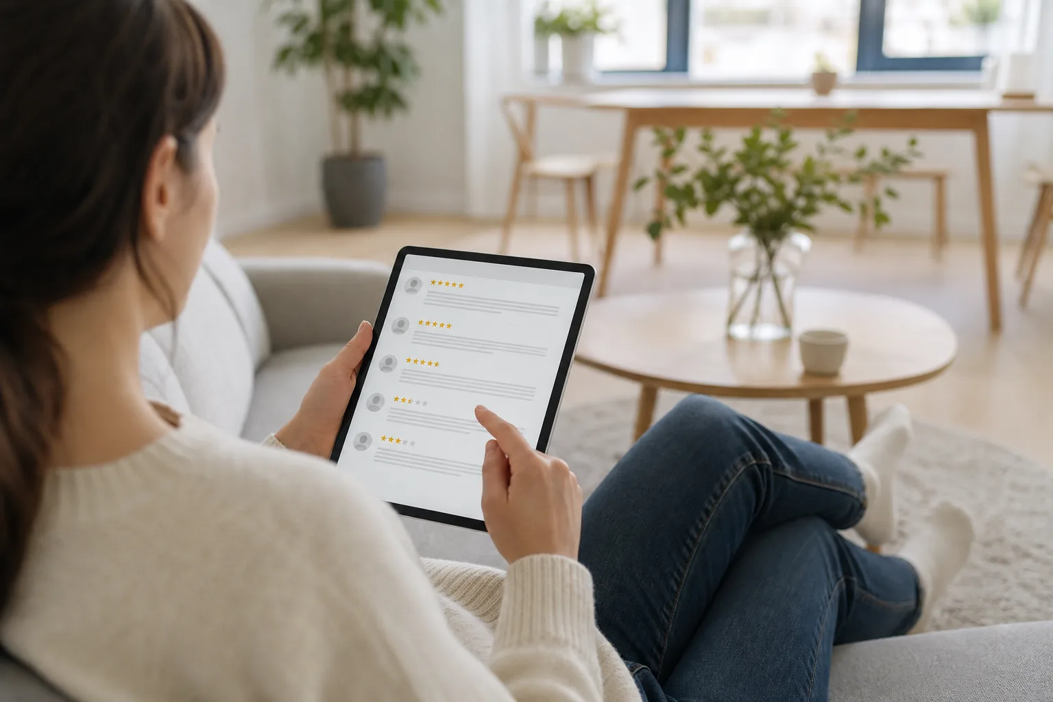 En person läser recensioner om städfirmor på en surfplatta i soffan